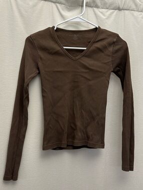 Brandy Melville Brown V-Neck Long Sleeve Women's Top